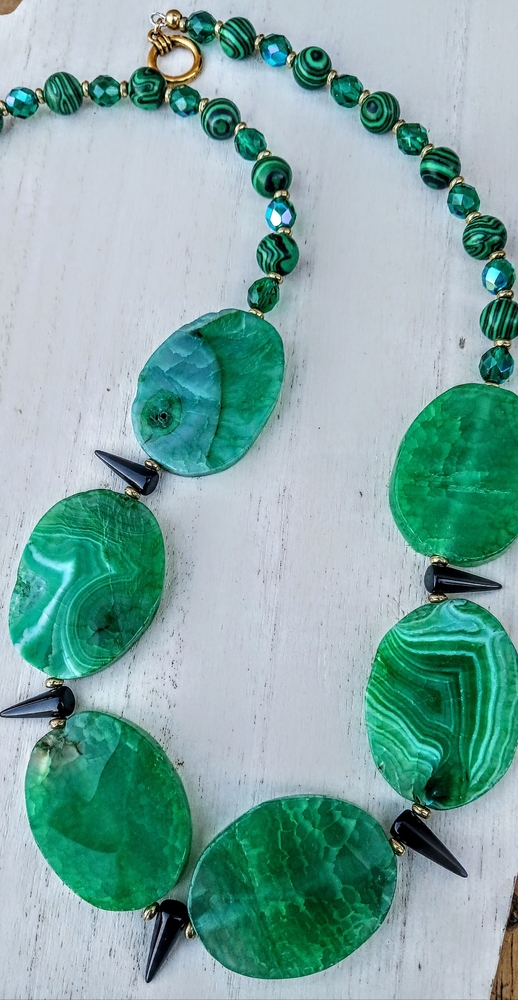 Green Agate semi-precious malachite statement necklace,Black Spikes,&Earring Set